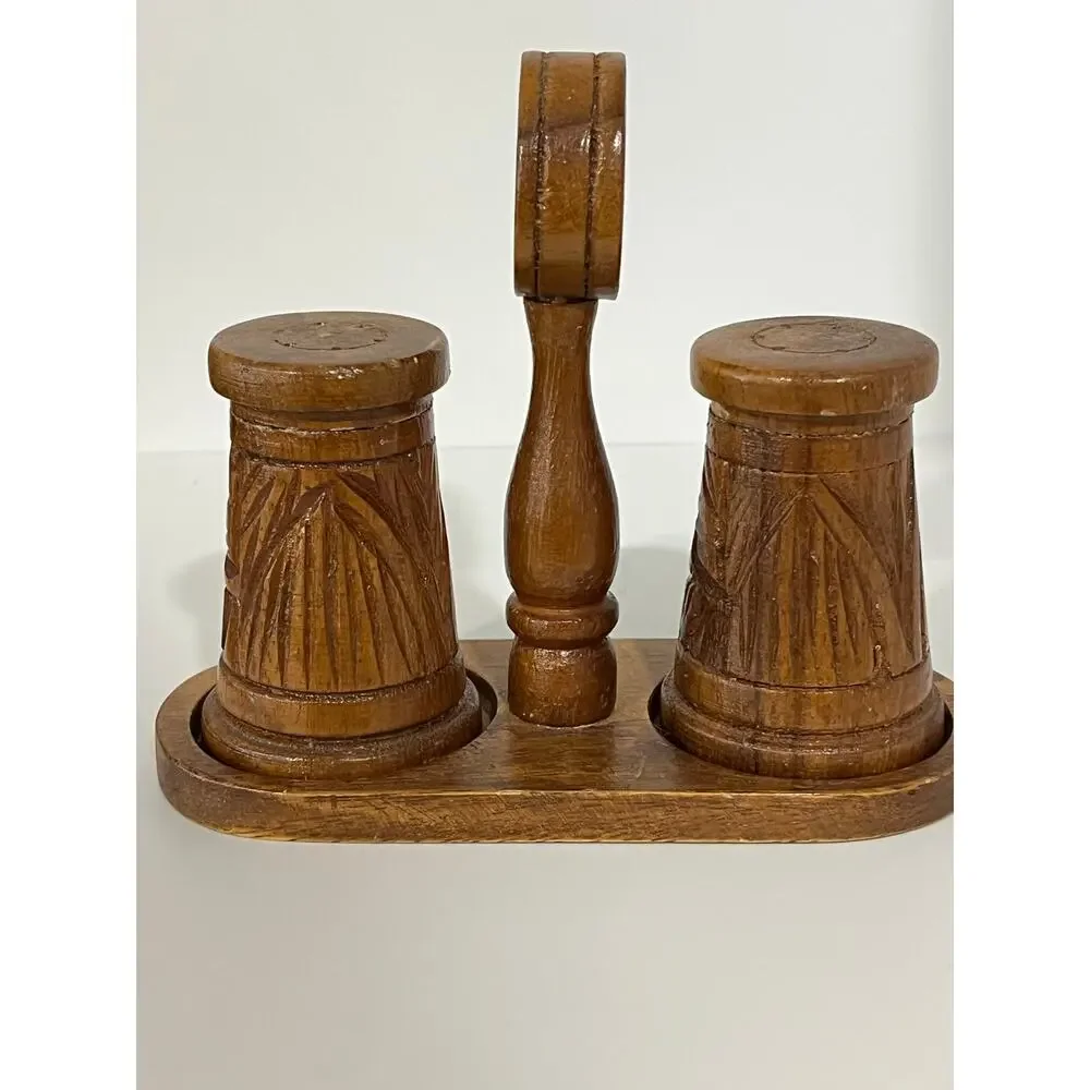 Vintage Hawaii Hardwoods Monkeypod Wood Salt Pepper Shaker Set‎ w Caddy Tiki MCM